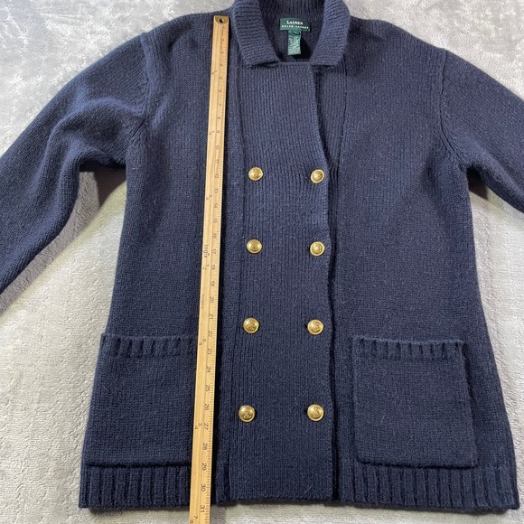 Lauren Ralph Lauren Cardigan Women Small Navy Blue Wool Camel‎ Hair Gold Buttons - Picture 6 of 11